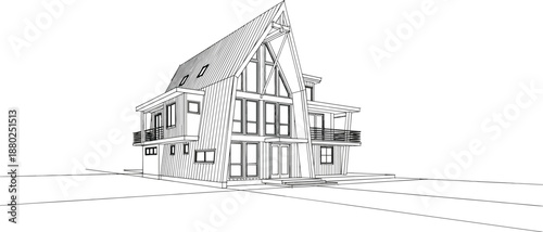 Modern A-frame house architectural line art drawing of a luxury cabin exterior for construction and real estate design