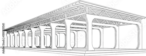 Industrial warehouse steel frame structure architectural line art perspective for construction engineering and modern large scale storage facility design
