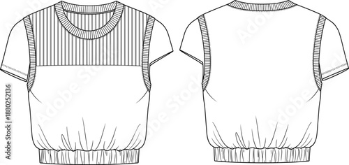 Women short sleeve blouse technical fashion flat sketch front and back view apparel design vector illustration for clothing manufacturing