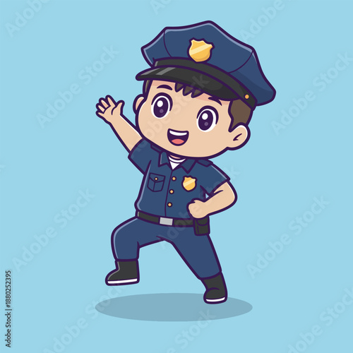 Police officer cartoon character. Vector illustration of smiling policeman. Law enforcement cartoon. Blue uniform police officer. Police hat and badge. Happy policeman waving hand.