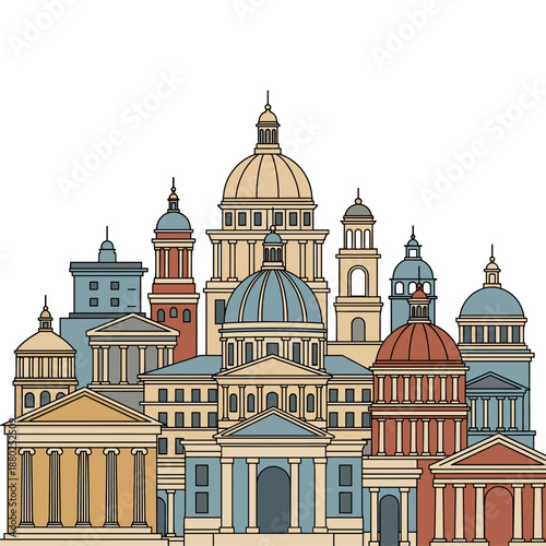 Illustrated Cityscape with Dome-Topped Buildings