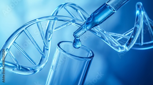 Close up of a blue translucent DNA double helix structure with a glass dropper releasing a liquid drop into a laboratory test tube science pipette genetics biology research molecule