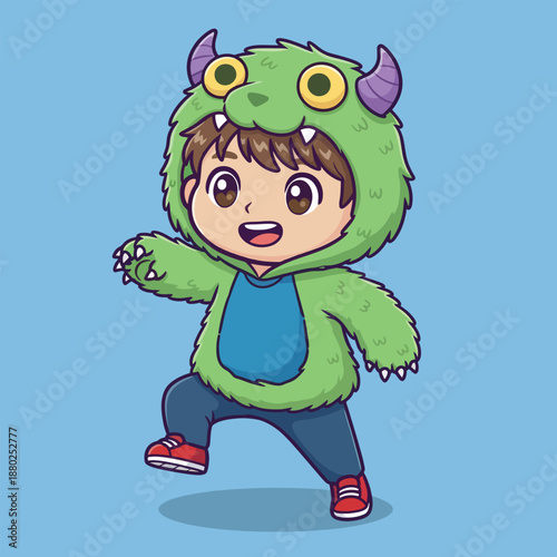 Cute boy in green monster costume. Halloween child outfit. Cartoon illustration. Green furry hood with horns. Blue background.