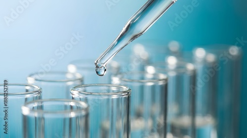 Close up view of a single clear liquid drop falling from a glass dropper into a row of transparent laboratory test tubes with blue tint science experiment chemistry glassware research