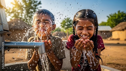 Two joyful children splashing clean water from a rural hand pump on a sunny day.