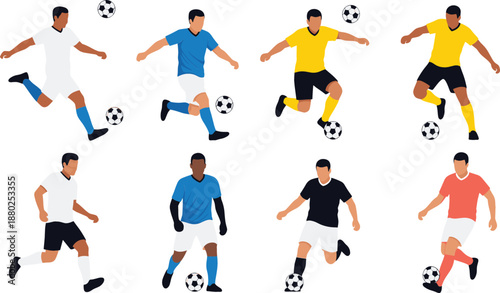 Set of professional soccer players in various action poses including dribbling kicking and running with footballs isolated on white background flat vector illustration for sports concepts.