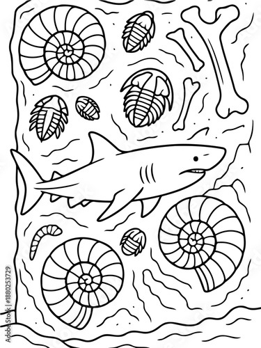 Ancient fossils and marine life: A captivating illustration that transports viewers back to an ancient world where sea creatures and preserved bones meet in one place.