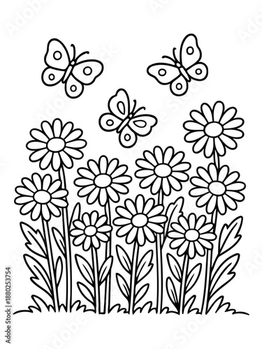 Blooming Daisies and Dancing Butterflies: A whimsical illustration showcases a field of daisies, their petals unfurling towards the sky, as butterflies playfully flutter above.