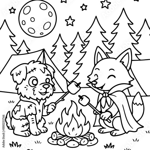 Campfire Tales: An adorable dog and fox, side by side, roasting marshmallows over a crackling campfire under the watchful eye of a smiling moon and twinkling stars.