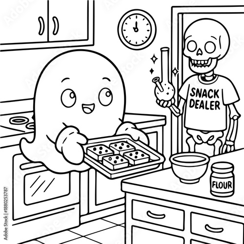Spooky Snack Prep: A spectral figure cheerfully presents a tray of freshly baked treats to a bony friend, the kitchen alive with the aroma of home-baked joy.