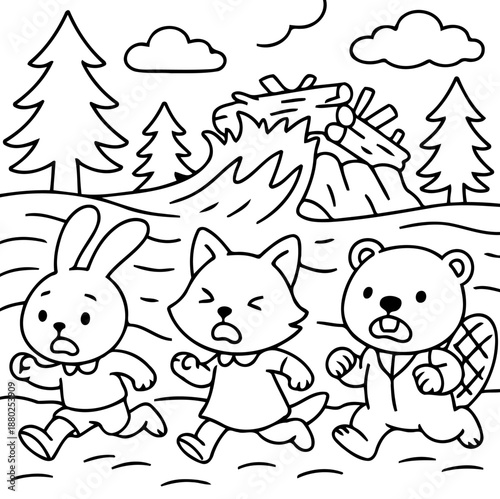 Run For Life: A cartoon scene of three cute animal friends fleeing from a disaster, embodying the themes of fear, survival, and friendship.