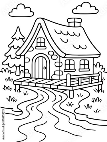 Cozy Cabin Retreat: An idyllic illustration of a charming cabin nestled amidst rolling hills and lush greenery, a serene setting for a tranquil escape.