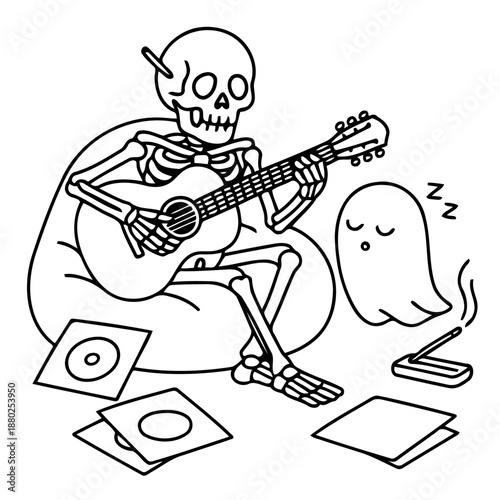 Musical Serenade of a Spooky Soloist: A skeletal musician strums a guitar, surrounded by vinyl records and a spectral friend, in a unique and hauntingly beautiful illustration.