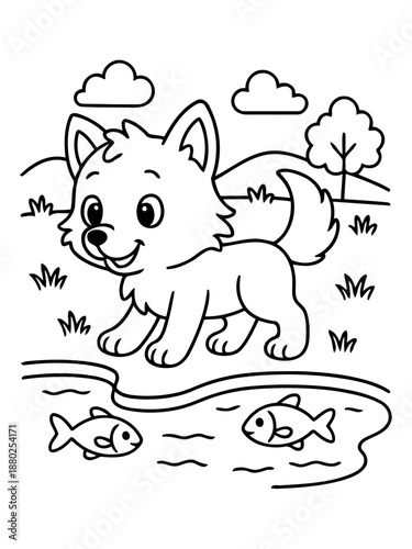 Playful Wolf Pup's Day Out: A cheerful wolf pup is surrounded by trees and a pond with fish, a playful design ready for coloring. 