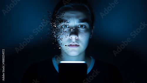 Shocked young person's face pixelating from smartphone screen light.