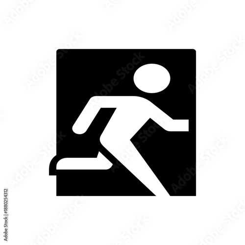 A minimalist vector graphic icon of a person running in a black square