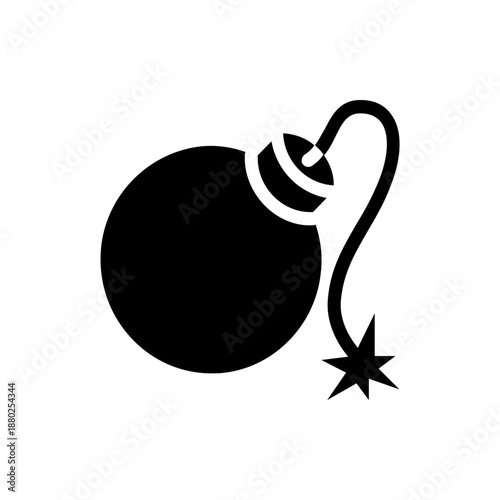 A black and white vector graphic illustration of a bomb with a lit fuse