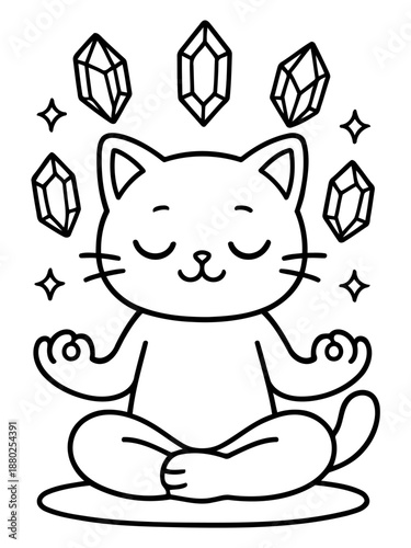 Meditative Cat and Crystals: A zen cat illustration in meditation surrounded by sparkling crystals, embodying tranquility, inner peace, and spiritual harmony.