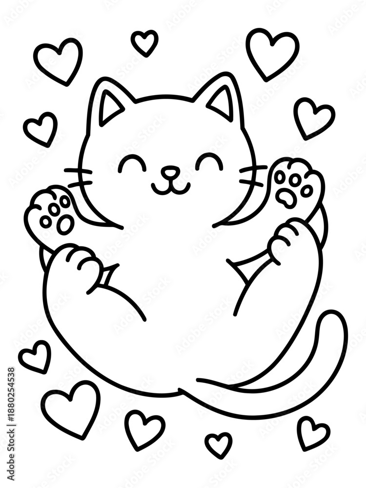 Obraz premium Cuddly Cat with Love: A charming line art illustration of a cute cat basking in a cloud of love, radiating joy and affection.