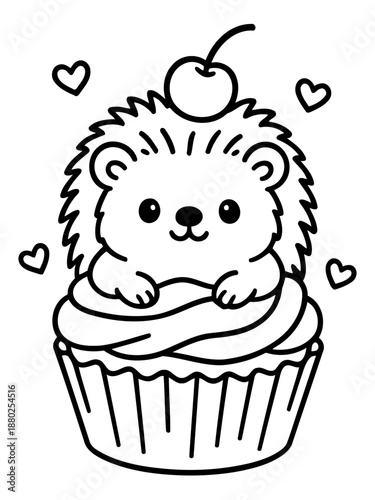 Whimsical Hedgehog Cupcake Delight: An adorable cartoon hedgehog, complete with spiky quills and a sweet smile, nestles atop a fluffy cupcake adorned with a cherry, surrounded by floating hearts.