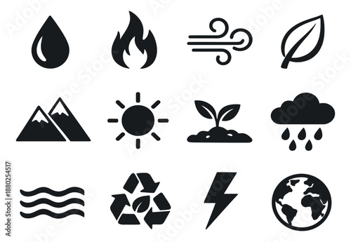 Nature elements icon set featuring water, fire, wind, sun, earth, and recycle symbols for environmental design and education
