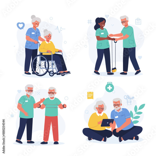 Elderly people receiving care and support from caregivers in various situations.