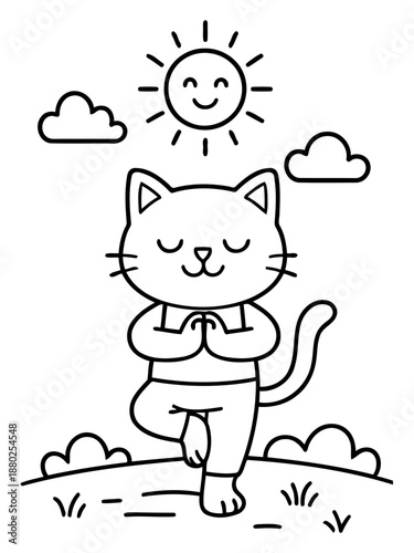 Zen Cat: A whimsical cat practices yoga outdoors, finding serenity under the warm gaze of the sun and clouds.