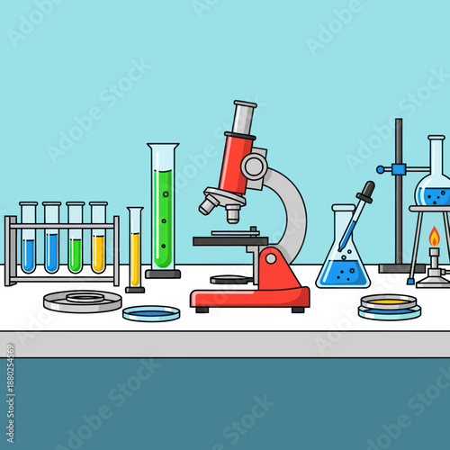 Laboratory equipment including microscope and various glassware on a workbench.