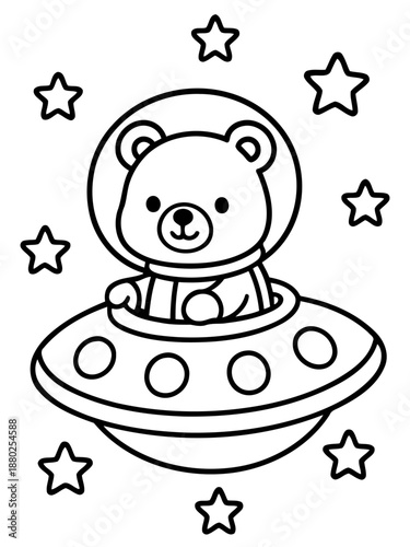 Bear Astronaut in Space: A charming illustration depicts a teddy bear clad in an astronaut's helmet, venturing into the cosmos aboard a UFO. Surrounded by stars.