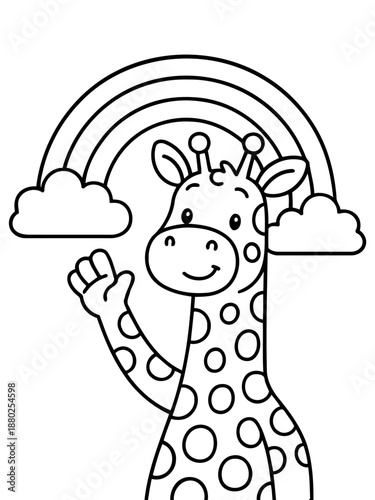 Giraffe under Rainbow: A delightful giraffe waves cheerfully beneath a vibrant rainbow, bringing a sense of childlike wonder and enchantment.