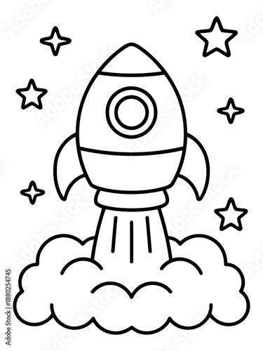 Rocket Launch: A cartoon depiction of a rocket soaring into the sky, propelled by flames, with stars in the background, symbolizing exploration and dreams.