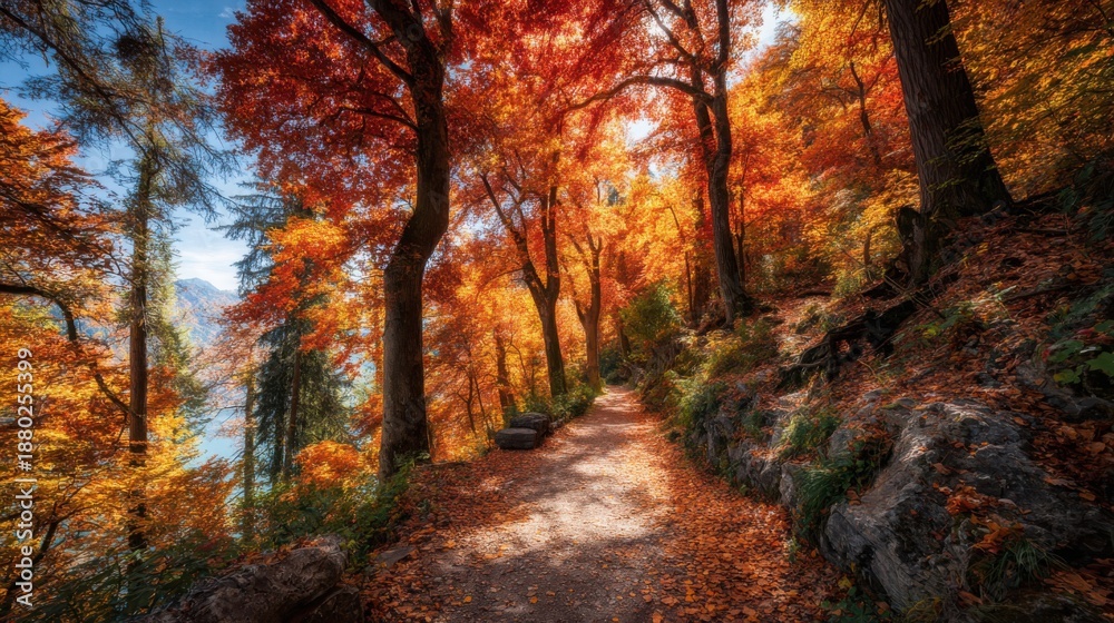 Obraz premium Vibrant autumn forest path lined with brilliant orange and red foliage under dappled sunlight