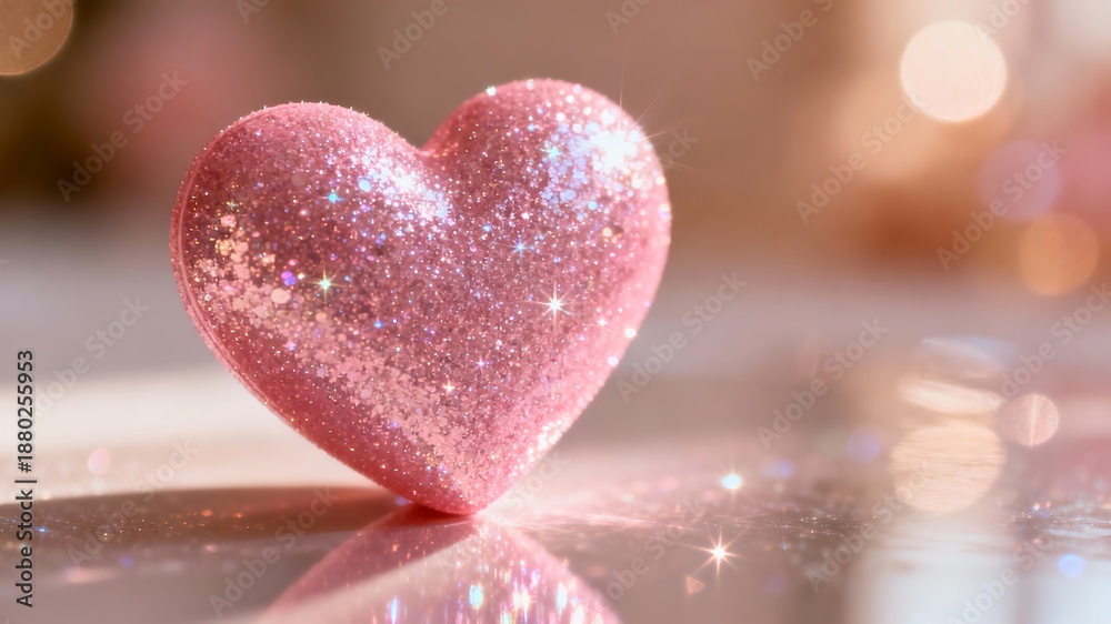 Fototapeta premium A sparkling pink glitter heart stands gracefully on a reflective surface with soft bokeh
