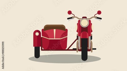 This flat design vector illustration depicts a classic vintage red motorcycle attached to a matching sidecar, presented from a direct frontal perspective against a simple textured background, ideal fo