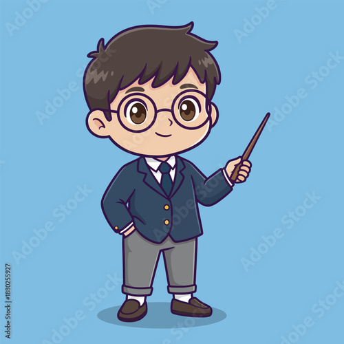 Cartoon boy with glasses. Boy in blazer and tie. Holding a pointer stick. Vector illustration of young student. Educational character. Blue background.