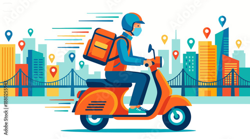 Delivery Courier on Scooter Speeding Through City Skyline Illustration