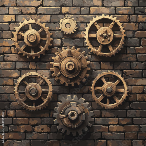 Steampunk Mechanical Gears Against Brick Wall Illustration. , vector style simple color