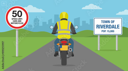 Motorcycle Rider Entering Riverdale Town Speed Limit 50 Illustration