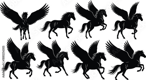 Black Pegasus Silhouette Set Featuring Mythological Winged Horses in Various Flying and Galloping Poses Isolated on White Background for Fantasy Graphic Design Projects