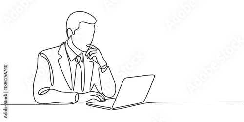Continuous line drawing of a pensive businessman working on a laptop at a desk Vector, illustration