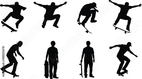 Black Silhouette Collection of Seven Moose in Various Walking Poses and Profiles Isolated on White Background Representing Wild Nature Forest Animals and Northern Wildlife Vector