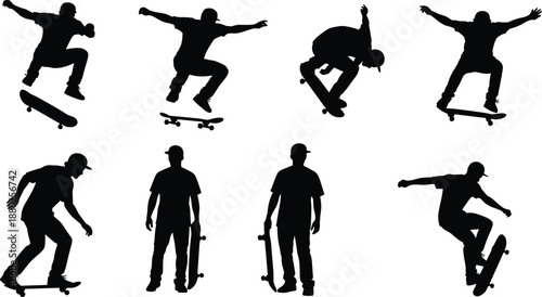 Black silhouette collection of skateboarders performing ollie jumps and mid-air tricks isolated on white background for extreme sports graphic design and urban lifestyle concepts