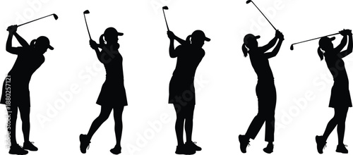 Black Silhouette Female Golfer Motion Sequence Showing Different Stages of a Golf Swing Isolated on White Background for Sports Training Athletics and Fitness Design