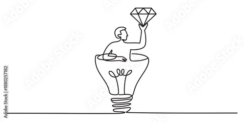 Continuous line drawing of a person emerging from a light bulb holding a valuable diamond Vector, illustration