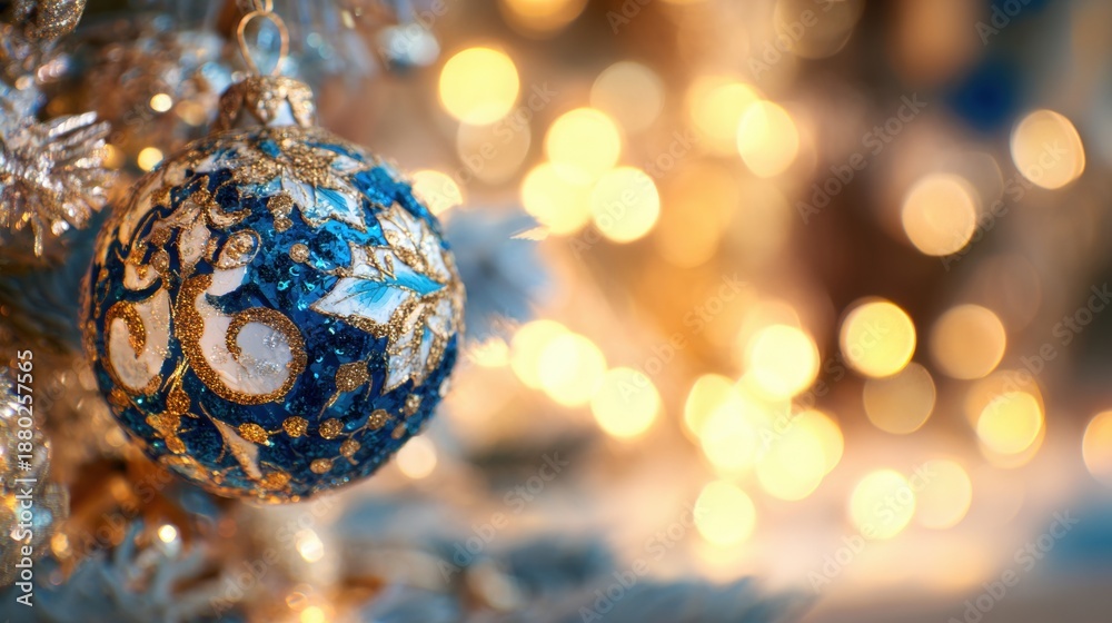 Fototapeta premium A blue and gold ornament hangs on a Christmas tree
