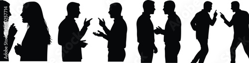 Collection of people arguing and talking silhouettes, set of black figures in conflict, discussion, and disagreement isolated on white background