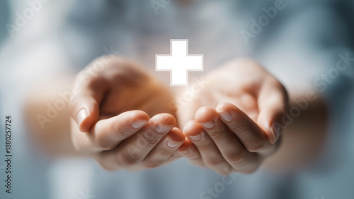 Woman hand holding plus icon for the healthcare medical icon. Health insurance health concept