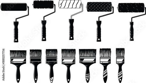 Collection of professional paint brushes and rollers icons set for home renovation diy house painting project maintenance and interior design works