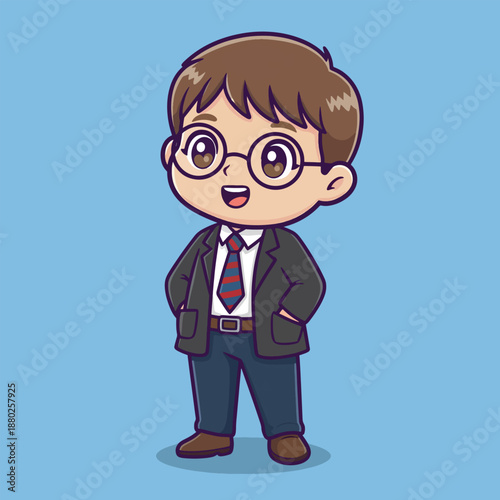 Cartoon boy character. Brown hair. Glasses. Green blazer. White shirt. Colorful tie. Blue pants. Brown shoes. Vector illustration. Business boy. Young businessman. Kid in suit. Chibi style.