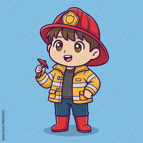 Cute cartoon fireman. Little boy in firefighter costume. Red helmet. Yellow jacket. Brown hair. Blue background. Vector illustration.